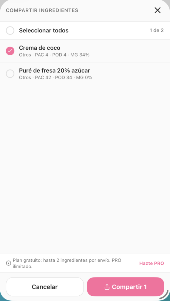 Selector de ingredientes a compartir