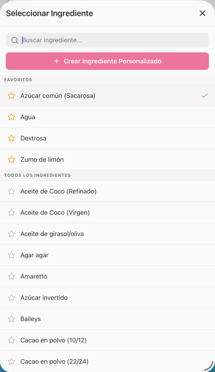 Selector de ingrediente con favoritos