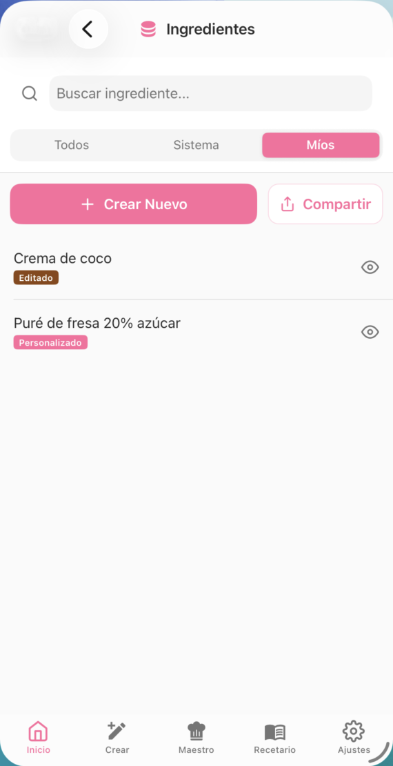 Pestaña Míos con botón Compartir