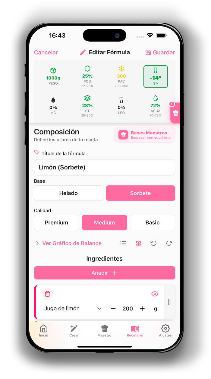 Pantalla de edición de fórmula en Ice Cream Mix: sorbete de limón con indicadores POD 25%, PAC 300, agua 72% y lista de ingredientes en iPhone