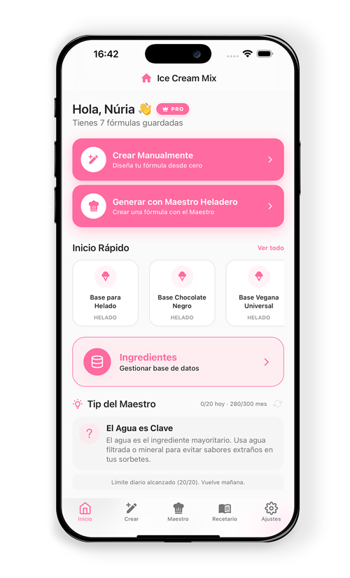 Pantalla de inicio de Ice Cream Mix con fórmulas guardadas, creación manual y Maestro Heladero
